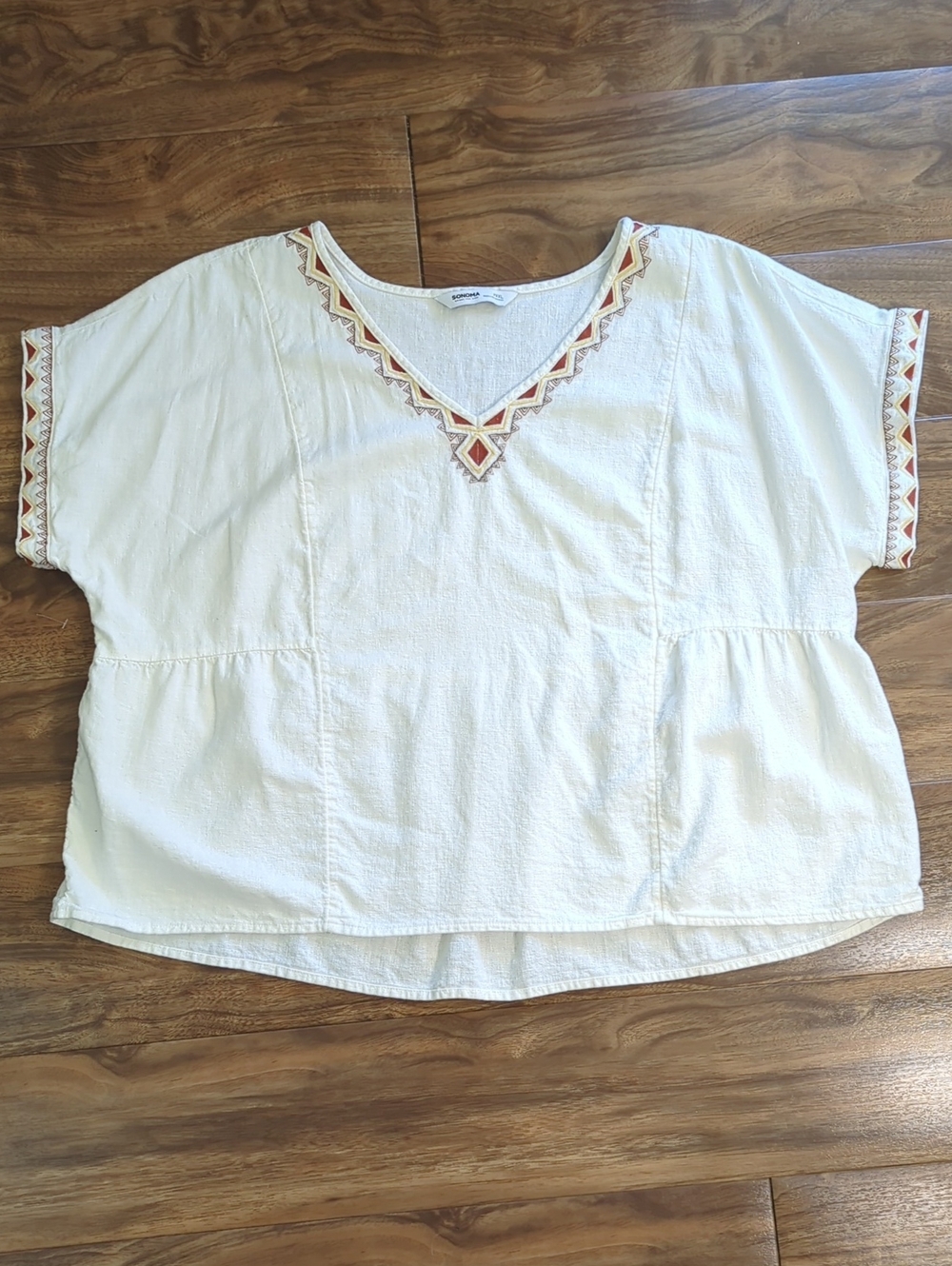 Off White Linen Blend Embroidered V-Neck Shirt
